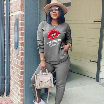 Conjunto deportivo de dos piezas para mujer, moda deportiva, sudadera de manga larga con estampado de labios y letras, pantalones casuales