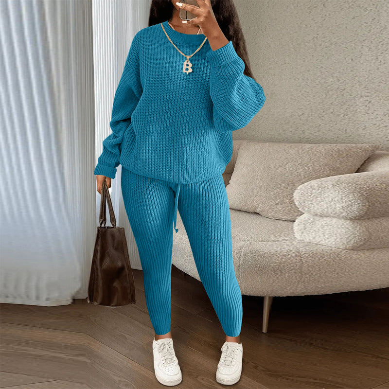 Fashion Casual Women Solid Color Knitted Long Sleeve Sweater And Pants Set