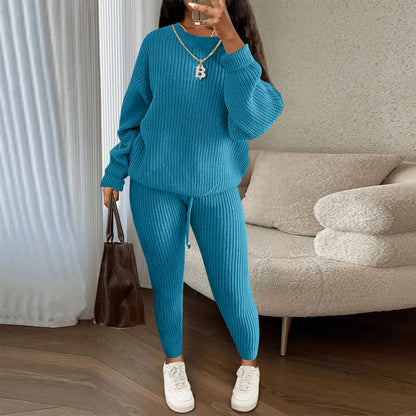 Fashion Casual Women Solid Color Knitted Long Sleeve Sweater And Pants Set