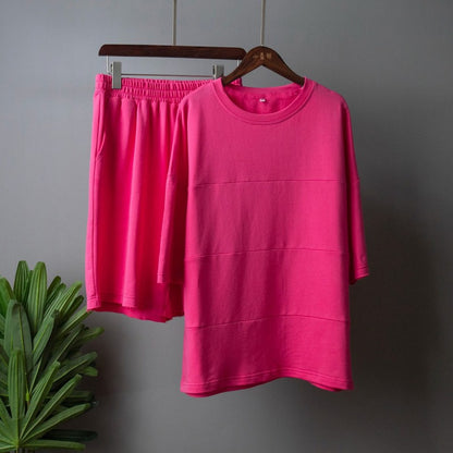 Conjunto holgado informal de verano para mujer, con media manga y pantalones cortos rectos, de color liso