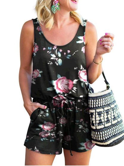 Women Casual Summer Vacation Solid Color U Neck Drawstring Loose Sleeveless Rompers
