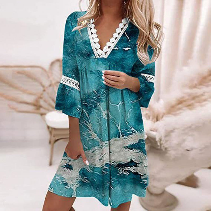 Women Elegant Bohemian V-Neck Floral Printed Lace Patchwork Casual Dress