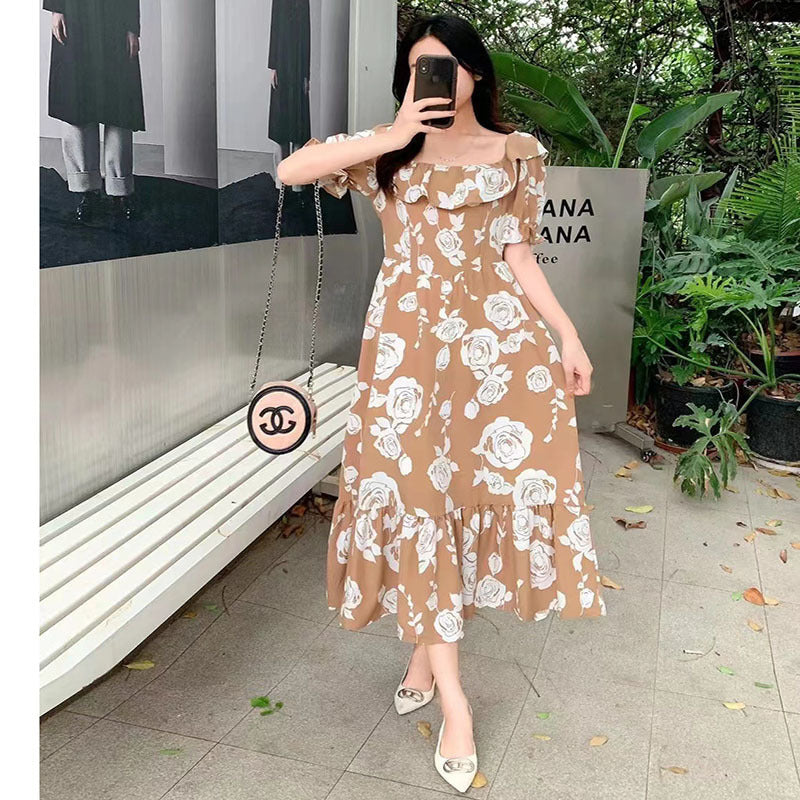 Women Vacation Casual Retro Multicolor Square Neck Printed Waist Puff Sleeve Dress