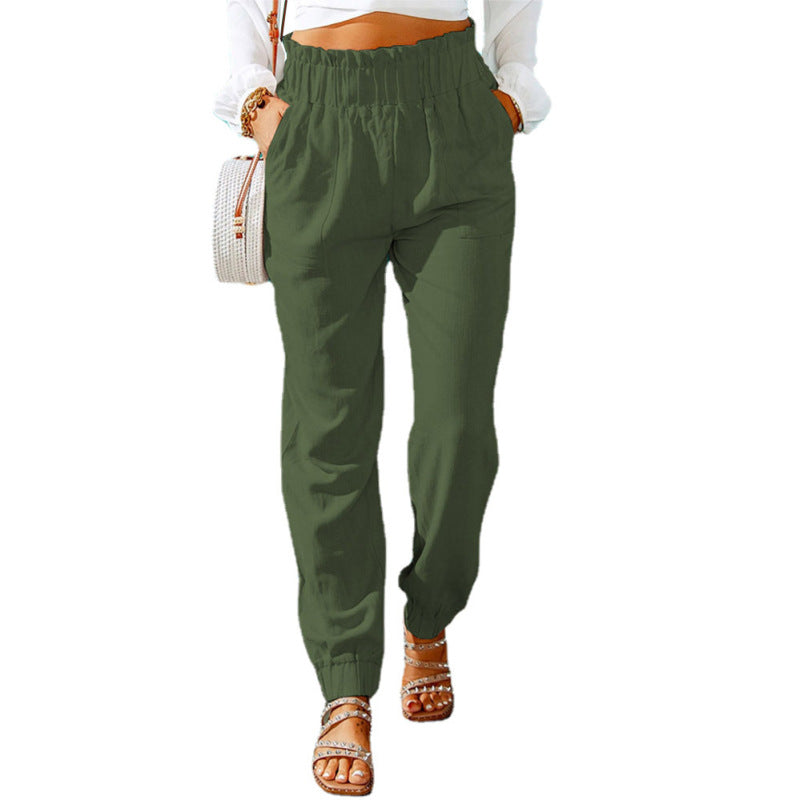 Women Ruffled Elastic Belt Mid Waist Solid Color Casual Jogger Pants