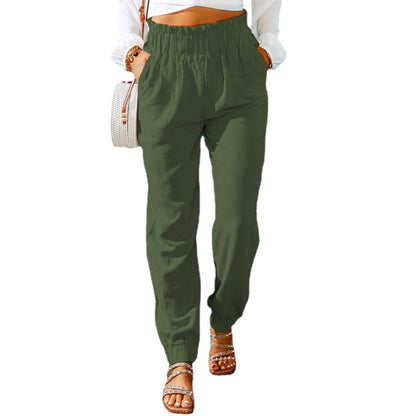 Women Ruffled Elastic Belt Mid Waist Solid Color Casual Jogger Pants