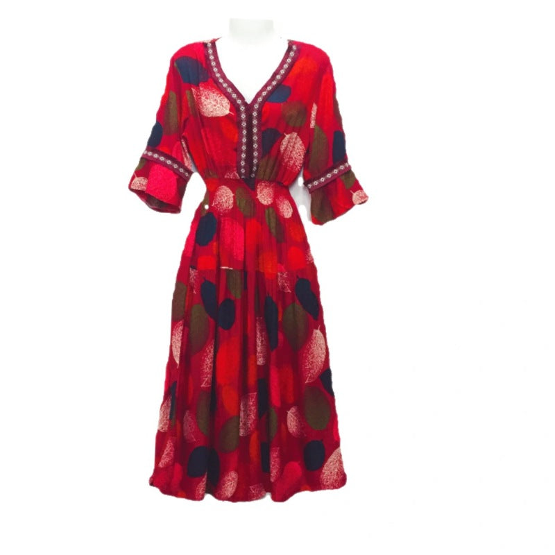 Vestido midi holgado informal de verano con cuello en V y mangas acampanadas para mujer