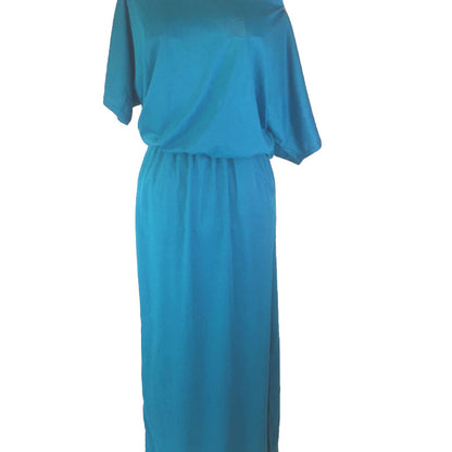 Women Casual Basic Solid Color Short Sleeve Summer Oblique Shoulder Side-slit Pocket Loose Dress