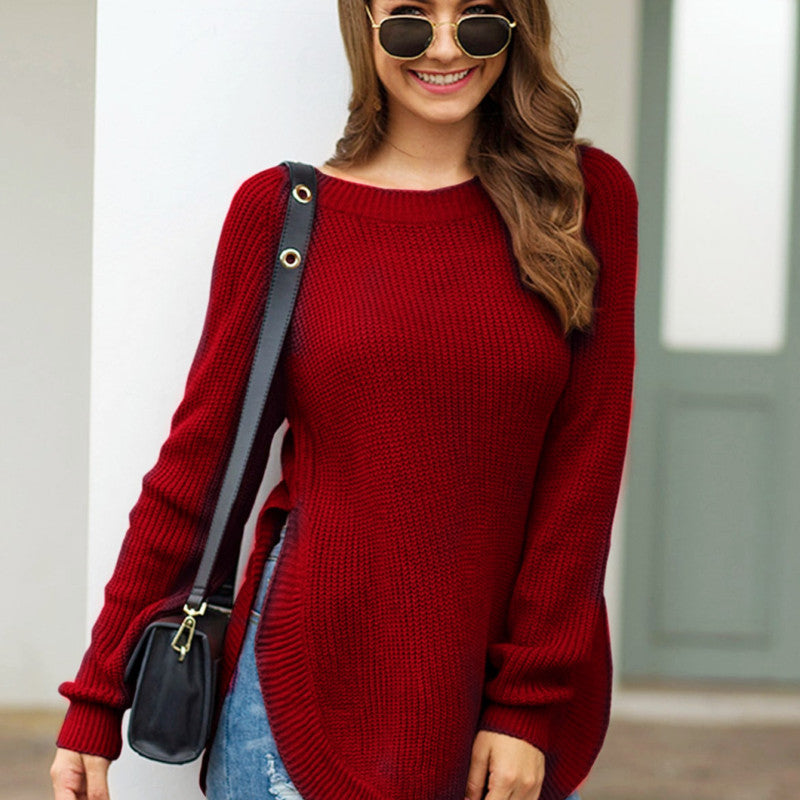 Suéter informal de manga larga con cuello redondo y color liso para mujer de otoño e invierno