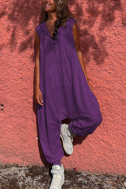 Women'S Fashion Solid Color Casual Hooded Single-Breasted Loose Jumpsuits