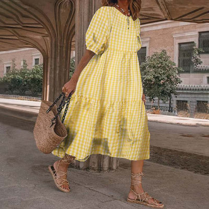 Summer Women Casual Bohemian Short Sleeves Polka Dot Print Loose Ruffle Dress