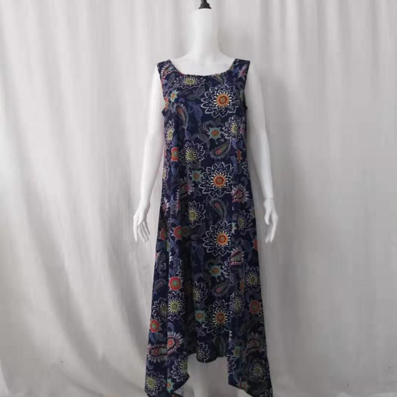 Vestido informal sin mangas con cuello redondo y estampado de plantas para mujer