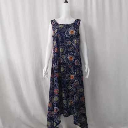 Vestido informal sin mangas con cuello redondo y estampado de plantas para mujer