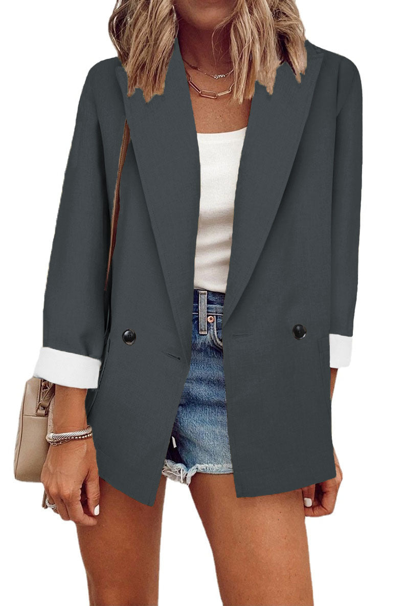 Blazer informal de manga larga con solapa y color liso para mujer