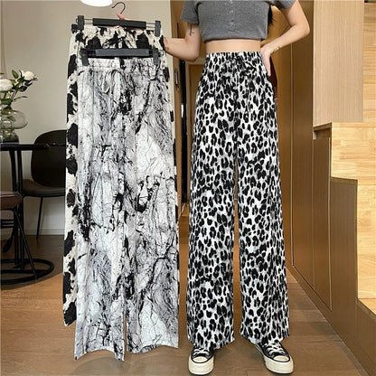 Women Summer Basic Casual Tie-Dye High Waist Ice Silk Wide-Leg Trousers