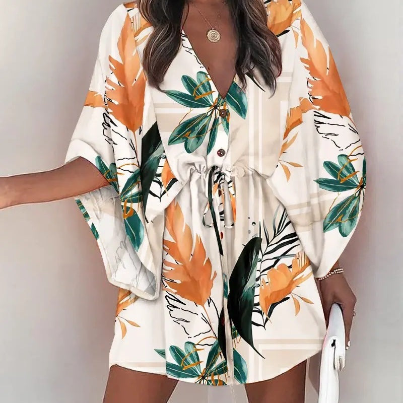 Women Elegant Bohemian Summer Short Sleeves V Neck Casual Bandage Holiday Dress