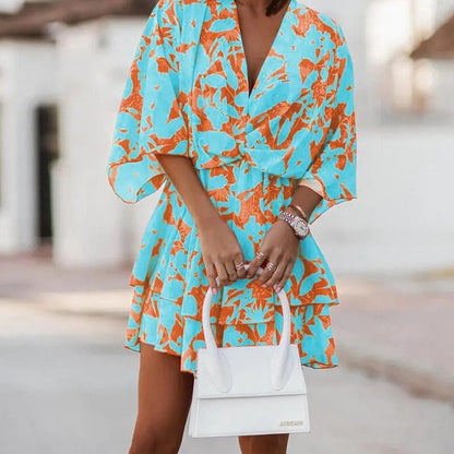 Women Fashion Casual Boho Style V-Neck Loose Dolman Sleeve Graphic Printed Dress