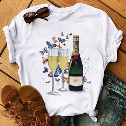 Camiseta holgada informal de manga corta con estampado gráfico de vino para mujer