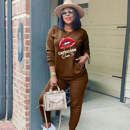 Conjunto deportivo de dos piezas para mujer, moda deportiva, sudadera de manga larga con estampado de labios y letras, pantalones casuales