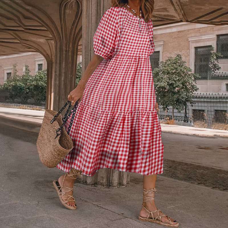 Summer Women Casual Bohemian Short Sleeves Polka Dot Print Loose Ruffle Dress