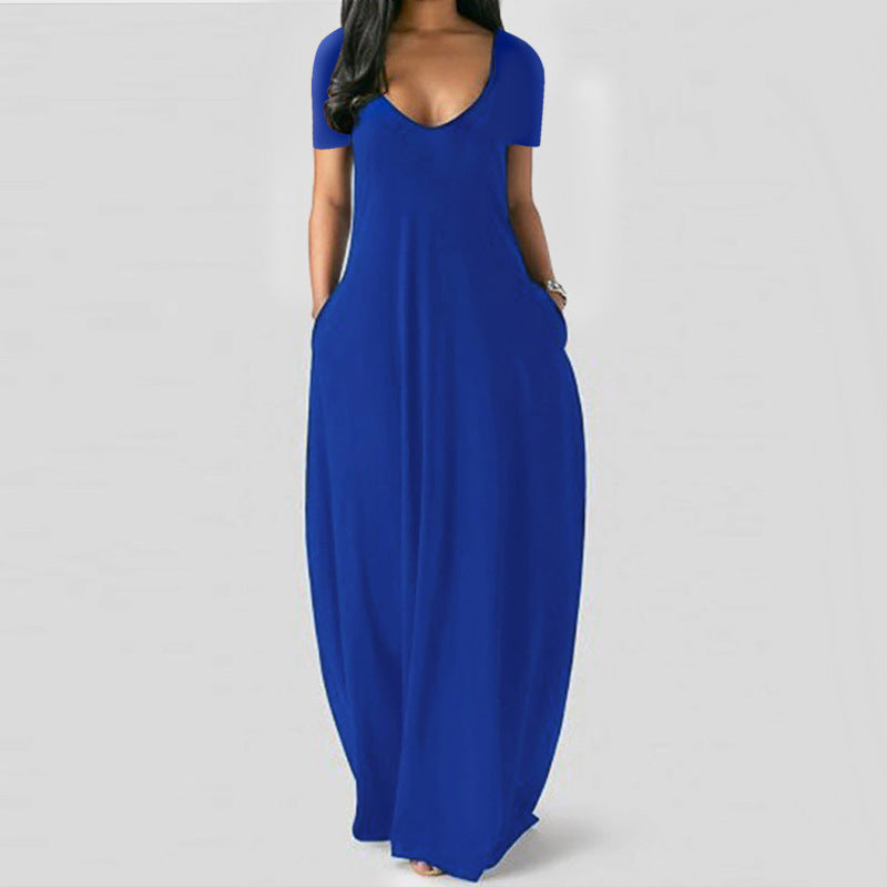 Summer Plus Size Women Basic Solid Color Casual V Neck Short-Sleeved Maxi Dress With Pockets
