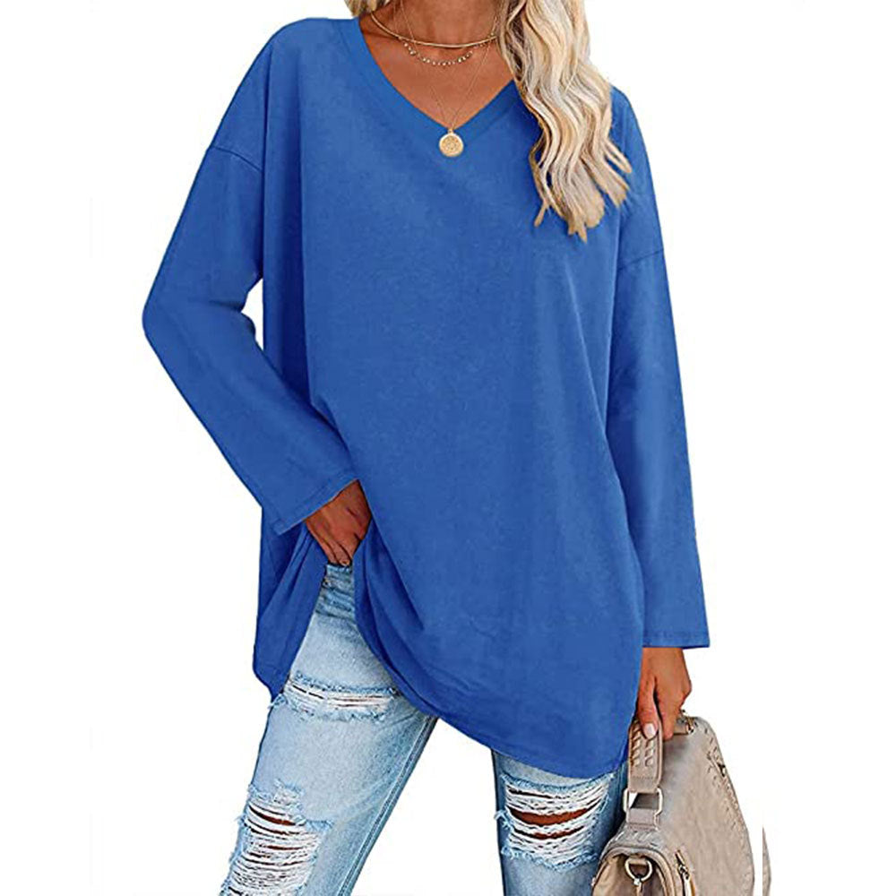 Camiseta informal de manga larga con cuello en V y color liso para mujer