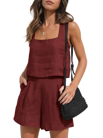 Women Summer Vacation Casual Solid Linen Tank Top And Loose Shorts Set