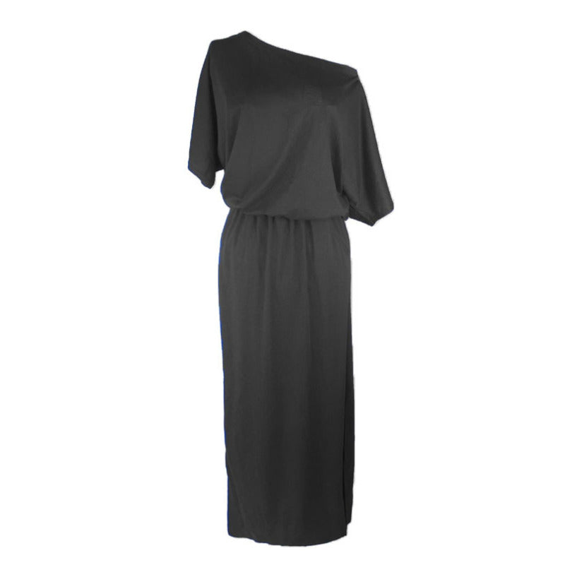 Women Casual Basic Solid Color Short Sleeve Summer Oblique Shoulder Side-slit Pocket Loose Dress