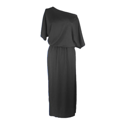 Women Casual Basic Solid Color Short Sleeve Summer Oblique Shoulder Side-slit Pocket Loose Dress