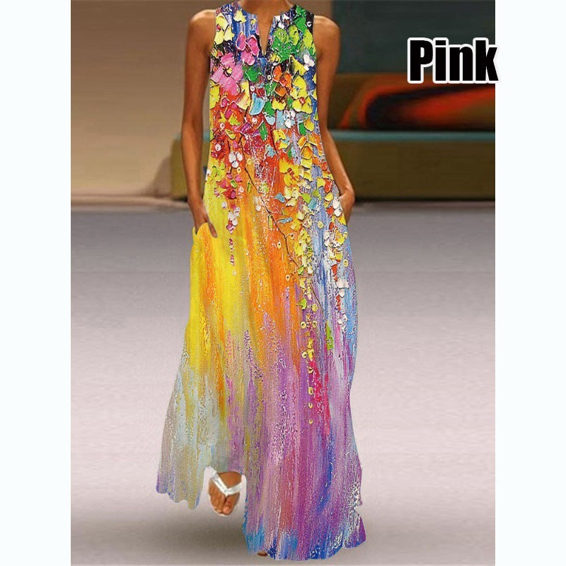 Women Plus Size Casual Fashion Boho Style Floral Heart Print Sleeveless Maxi Loose Dress
