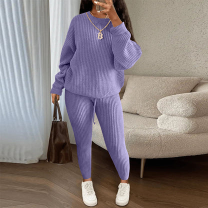 Fashion Casual Women Solid Color Knitted Long Sleeve Sweater And Pants Set