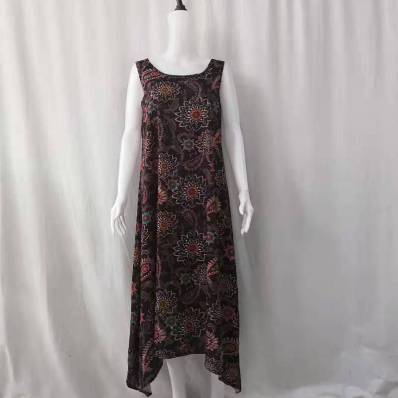 Vestido informal sin mangas con cuello redondo y estampado de plantas para mujer