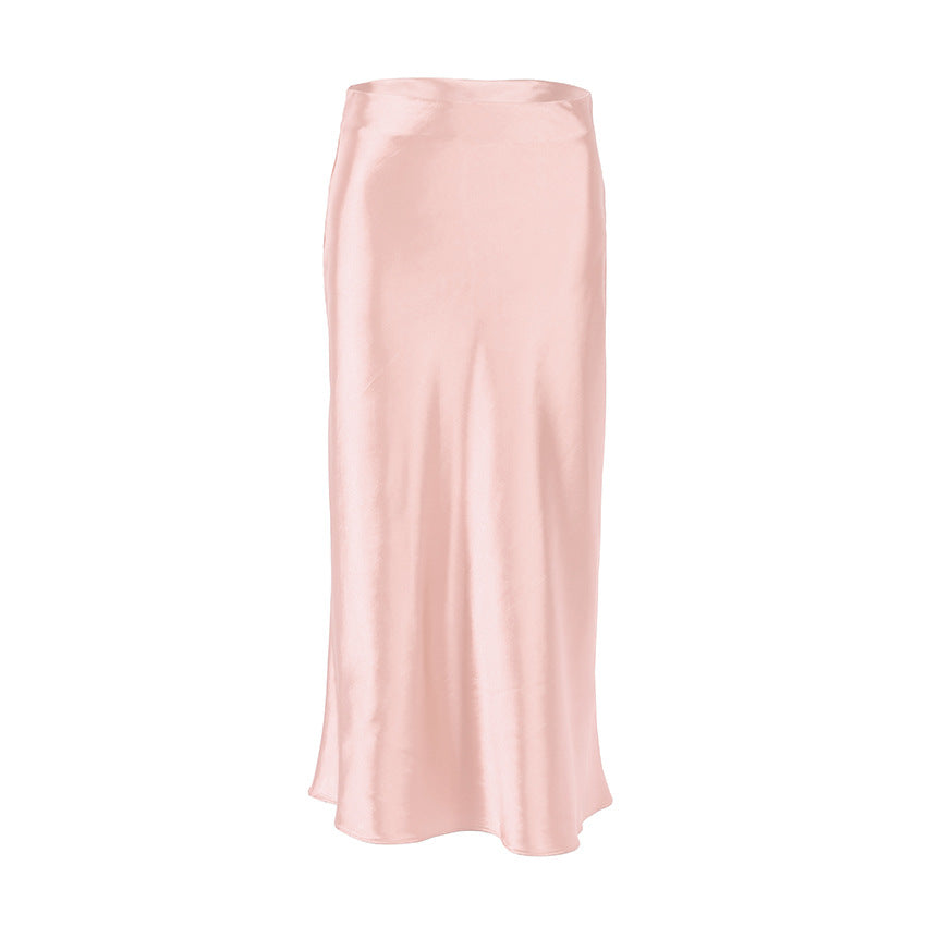 Autumn Spring Women High Waist Satin Slim-Fit Elegant Casual Office Solid Skirt