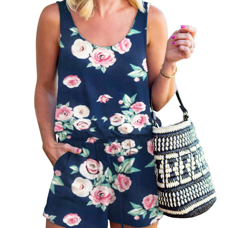 Women Casual Summer Vacation Solid Color U Neck Drawstring Loose Sleeveless Rompers