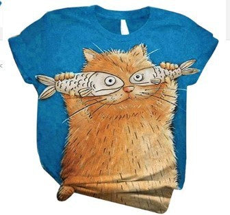 Camiseta informal holgada de talla grande para mujer, de manga corta, cuello redondo, con estampado 3D de dibujos animados
