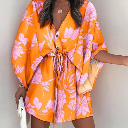 Women Elegant Bohemian Summer Short Sleeves V Neck Casual Bandage Holiday Dress