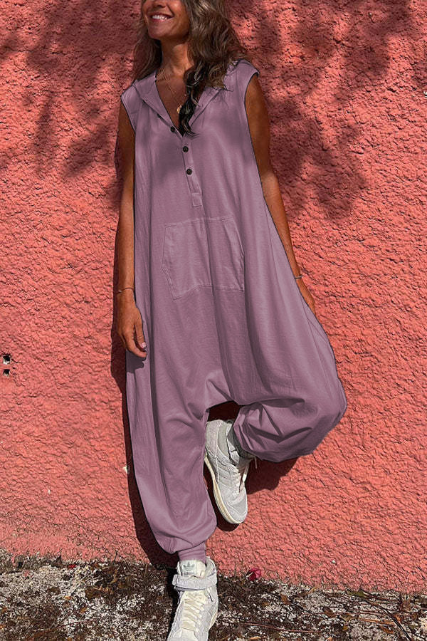 Women'S Fashion Solid Color Casual Hooded Single-Breasted Loose Jumpsuits