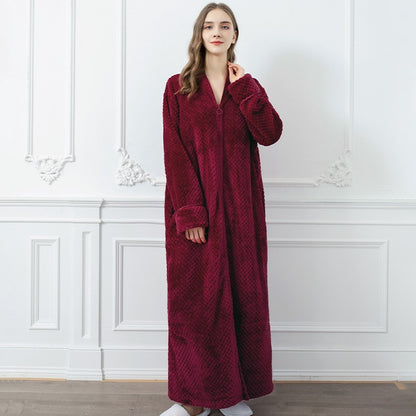 Couples Winter Fashion Casual Home Solid Color Flannel V Neck Long Sleeve Zipper Robes Sleepwear