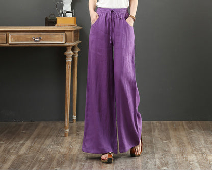 Women Fashion Casual Solid Color Cotton Linen High Waist Wide Leg Pants