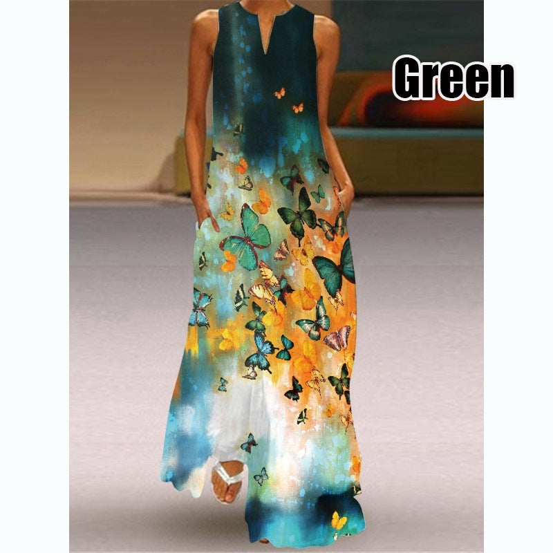 Women Plus Size Casual Fashion Boho Style Floral Heart Print Sleeveless Maxi Loose Dress