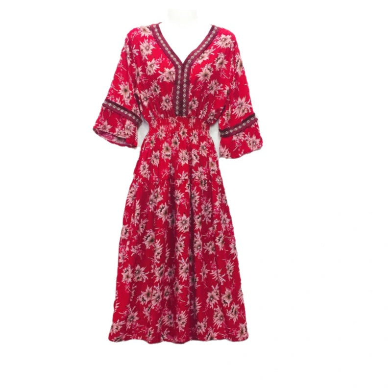 Vestido midi holgado informal de verano con cuello en V y mangas acampanadas para mujer