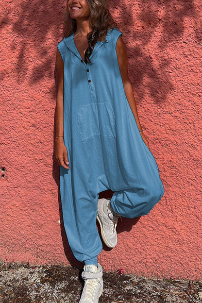 Women'S Fashion Solid Color Casual Hooded Single-Breasted Loose Jumpsuits