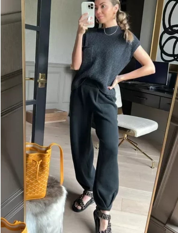 2023 Spring Casual Round Neck Pullover Solid Color Knitted Sweater Set Loose Leg Pants