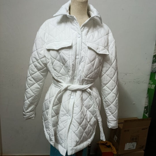 Autumn Winter Women Fashion Casual Loose-Breasted Lapel Warm Rhombic Quilted Jacket Coat
