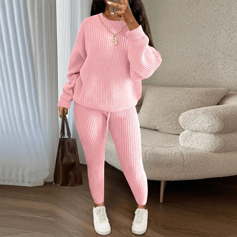 Fashion Casual Women Solid Color Knitted Long Sleeve Sweater And Pants Set