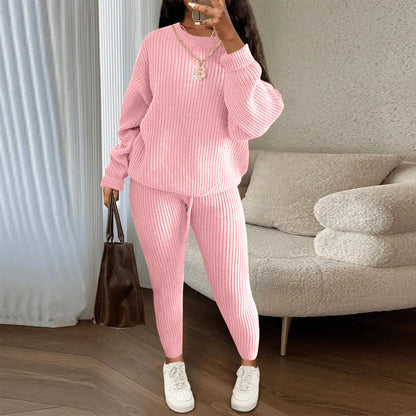 Fashion Casual Women Solid Color Knitted Long Sleeve Sweater And Pants Set