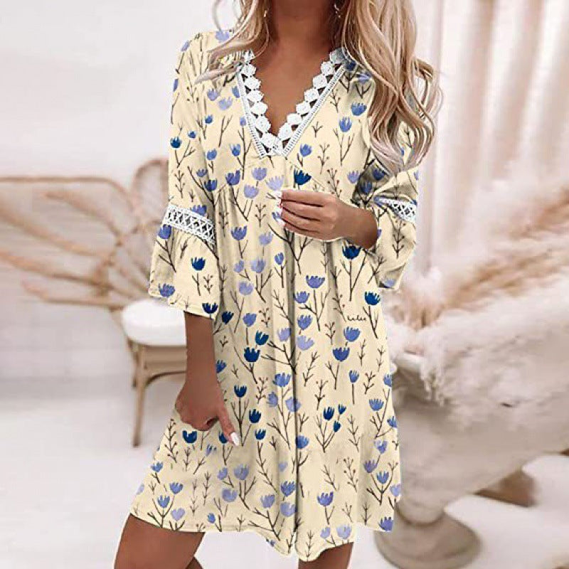 Women Elegant Bohemian V-Neck Floral Printed Lace Patchwork Casual Dress