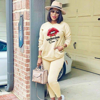 Conjunto deportivo de dos piezas para mujer, moda deportiva, sudadera de manga larga con estampado de labios y letras, pantalones casuales