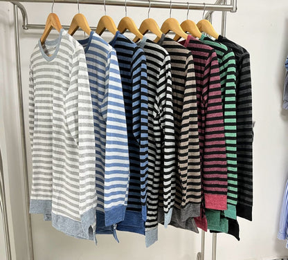 Camiseta informal de manga larga con cuello redondo y rayas para mujer