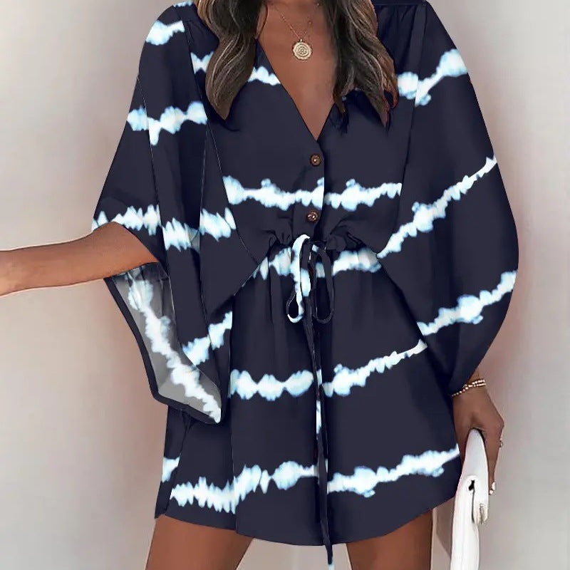 Women Elegant Bohemian Summer Short Sleeves V Neck Casual Bandage Holiday Dress