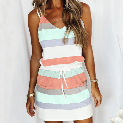 Summer Women Casual Color Blocking Loose Sleeveless Stripe Print Dress